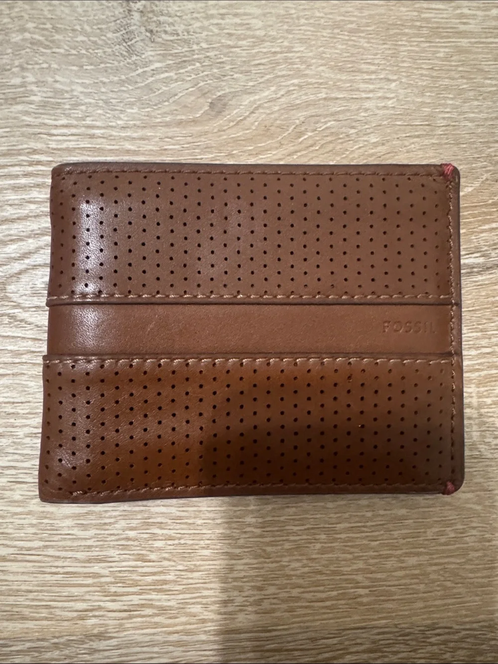 Fossil Men's Perforated Leather Bifold Wallet - Tan Brown